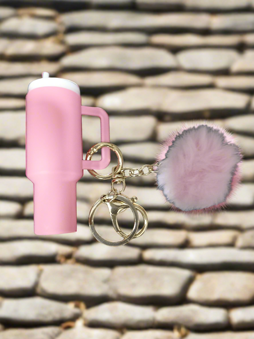 Mini Tumbler Keychain With pom- pom Charm