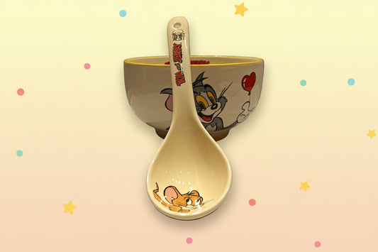 Tom & Jerry Ceramic Dinnerware Gift Combo | Cute Cartoon Bowl, Mug, Chopsticks & Spoon Set