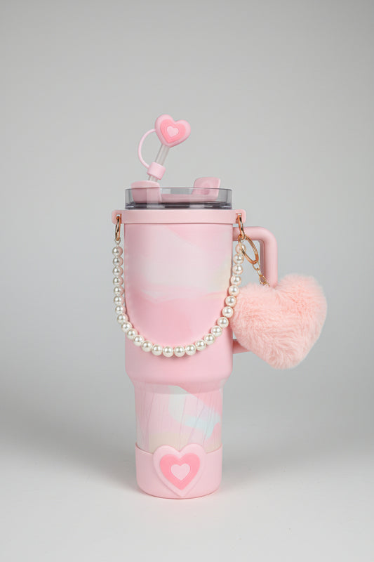 Marble Print Tumbler with Straw & Charm Accessories | Insulated Stainless Steel Water Bottle for School, Work & Travel