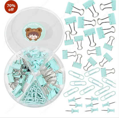 Kawai Paper Clips and Binder Clips Set, Metal Binders with Push Pins