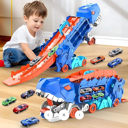 Dinosaur Transport Truck & Race Track Play Set | Interactive Toy Car Transporter