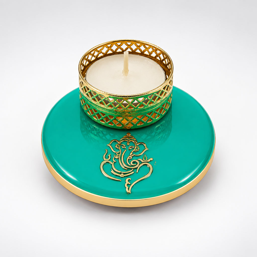Traditional Round Golden Metal T-Light Candle | Festive Wax Tea Light