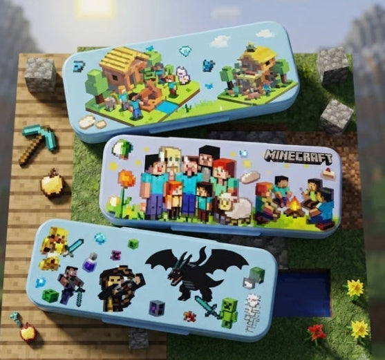 Minecraft Geometry Box | Minecraft Double Layer Pencil Pouch | Large Capacity Pencil Case for Kids