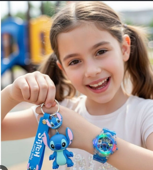 Stitch Watch & 3D Keychain Gift Set | Analog Wrist Watch for Kids