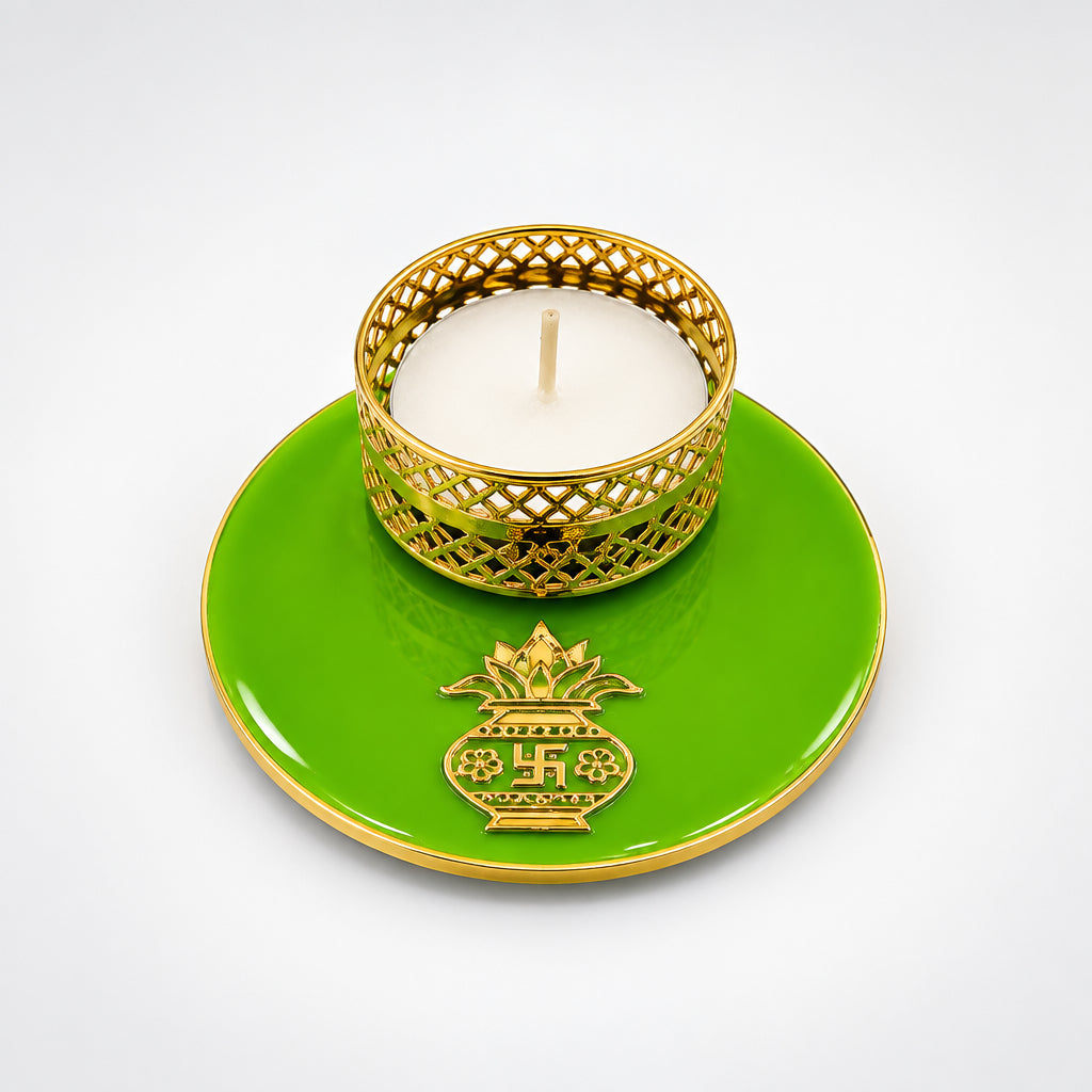 Traditional Round Golden Metal T-Light Candle | Festive Wax Tea Light