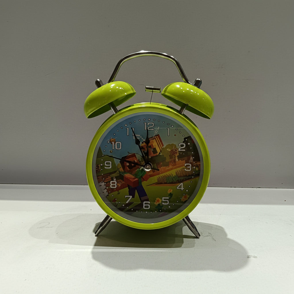 Minecraft Character Twin Bell Alarm Clock | Pixel Gamer Desk & Table Clock for Kids