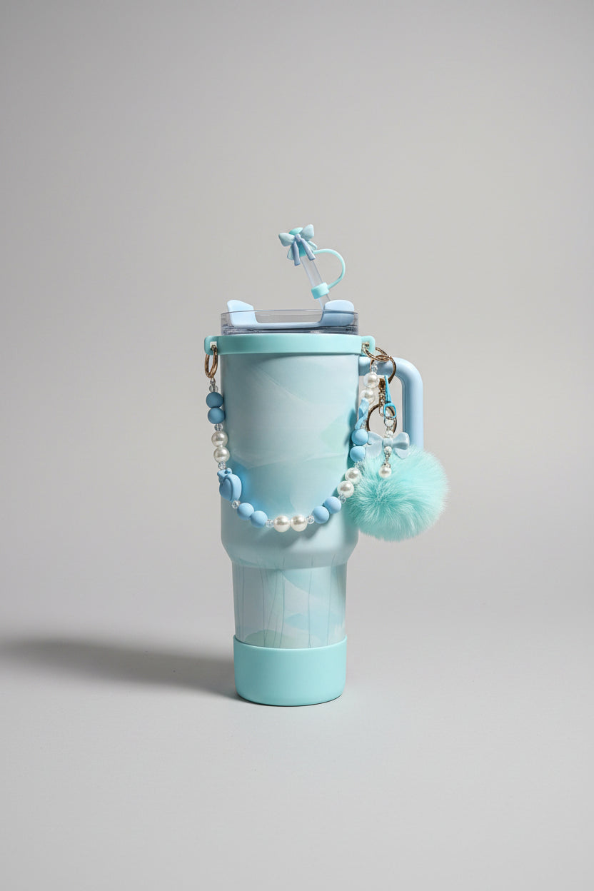 Marble Print Tumbler with Straw & Charm Accessories | Insulated Stainless Steel Water Bottle for School, Work & Travel