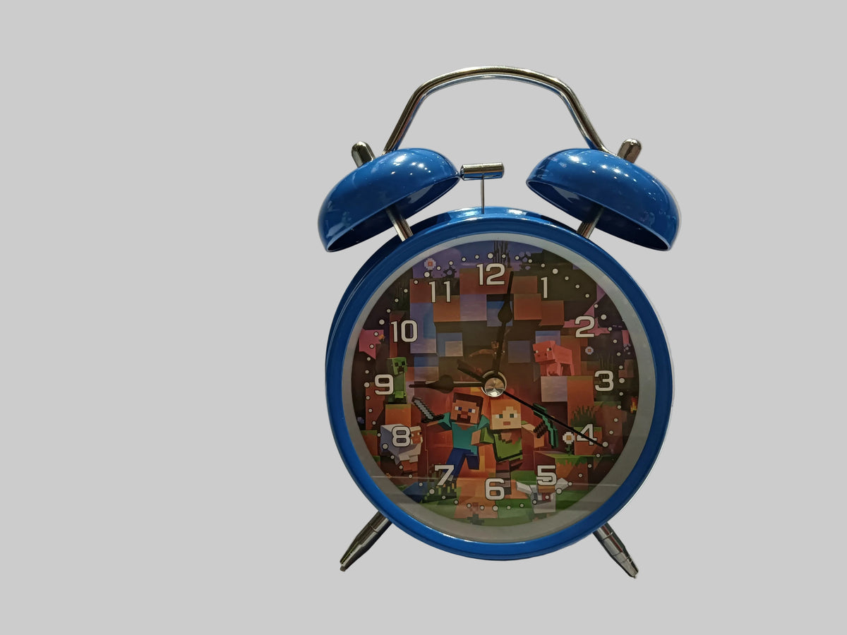 Minecraft Character Twin Bell Alarm Clock | Pixel Gamer Desk & Table Clock for Kids