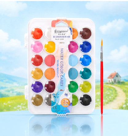 24-Color Solid Watercolor Paint Box with Brush