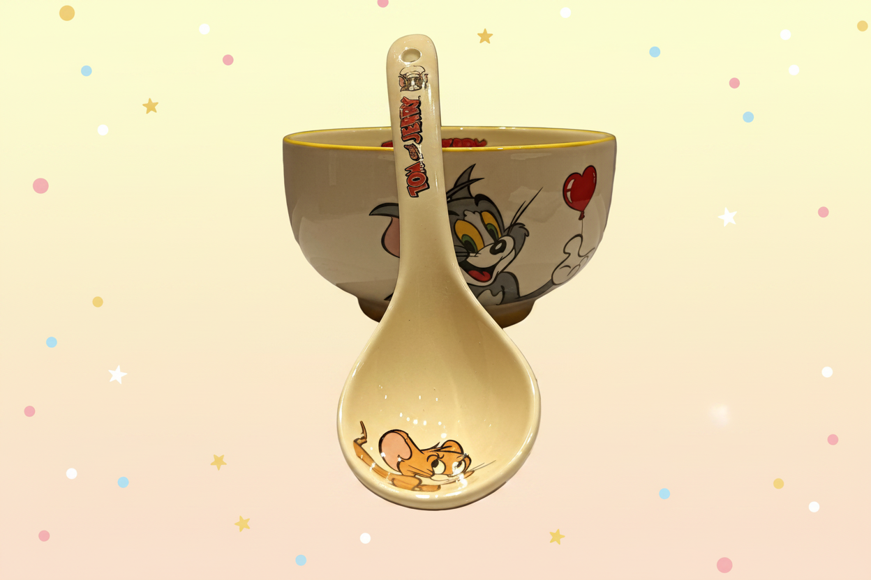 Tom & Jerry Ceramic Dinnerware Gift Combo | Cute Cartoon Bowl, Mug, Chopsticks & Spoon Set