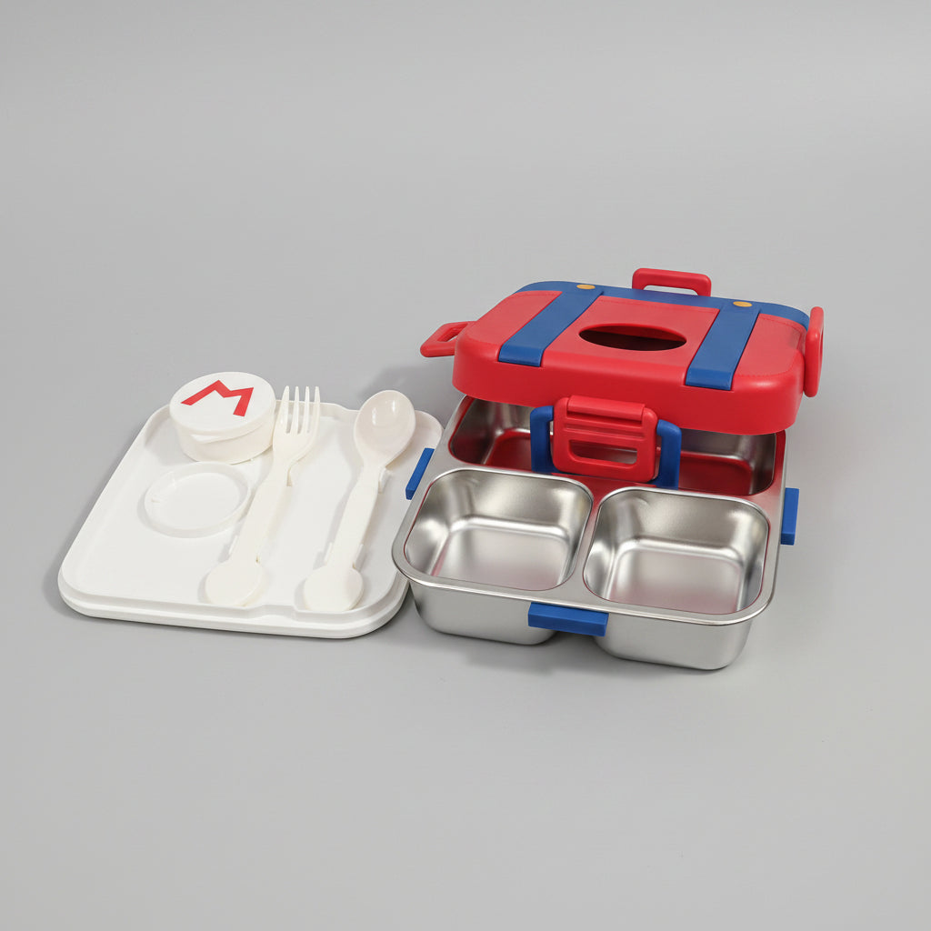Mario Theme Multi-Compartment Bento Lunch Box with Cutlery Set | Leak-Proof Meal Container for Kids & Adults