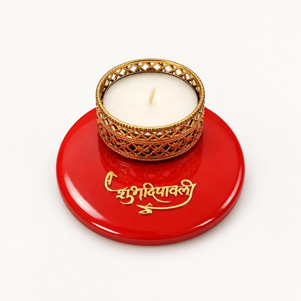 Traditional Round Golden Metal T-Light Candle | Festive Wax Tea Light