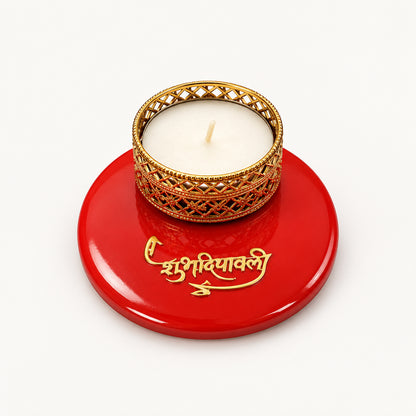 Traditional Round Golden Metal T-Light Candle | Festive Wax Tea Light