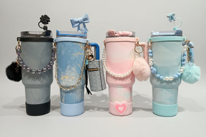 Marble Print Tumbler with Straw & Charm Accessories | Insulated Stainless Steel Water Bottle for School, Work & Travel