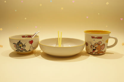 Tom & Jerry Ceramic Dinnerware Gift Combo | Cute Cartoon Bowl, Mug, Chopsticks & Spoon Set