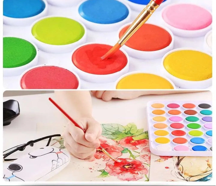 24-Color Solid Watercolor Paint Box with Brush