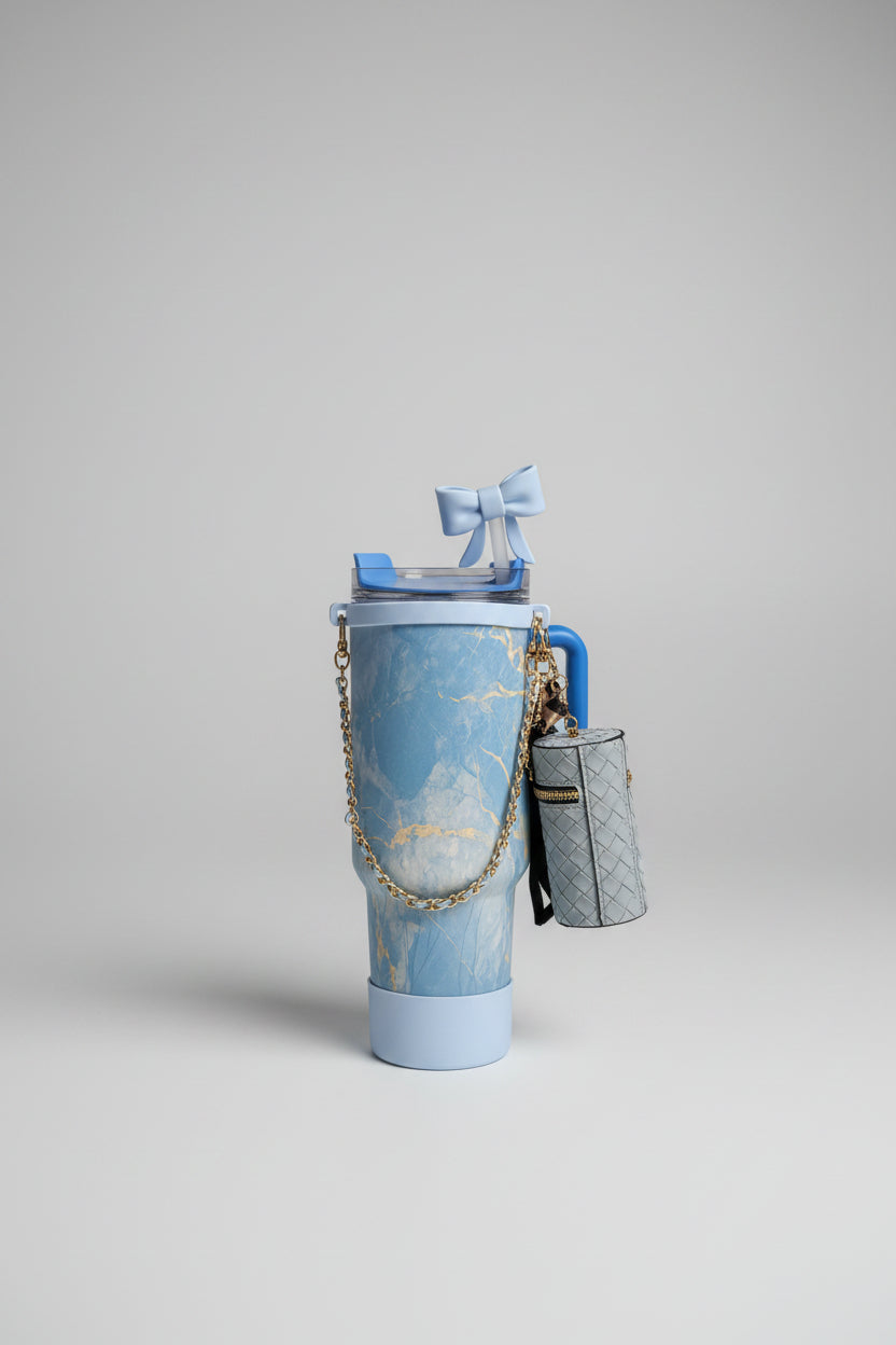 Marble Print Tumbler with Straw & Charm Accessories | Insulated Stainless Steel Water Bottle for School, Work & Travel