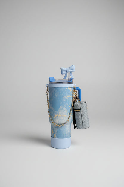 Marble Print Tumbler with Straw & Charm Accessories | Insulated Stainless Steel Water Bottle for School, Work & Travel