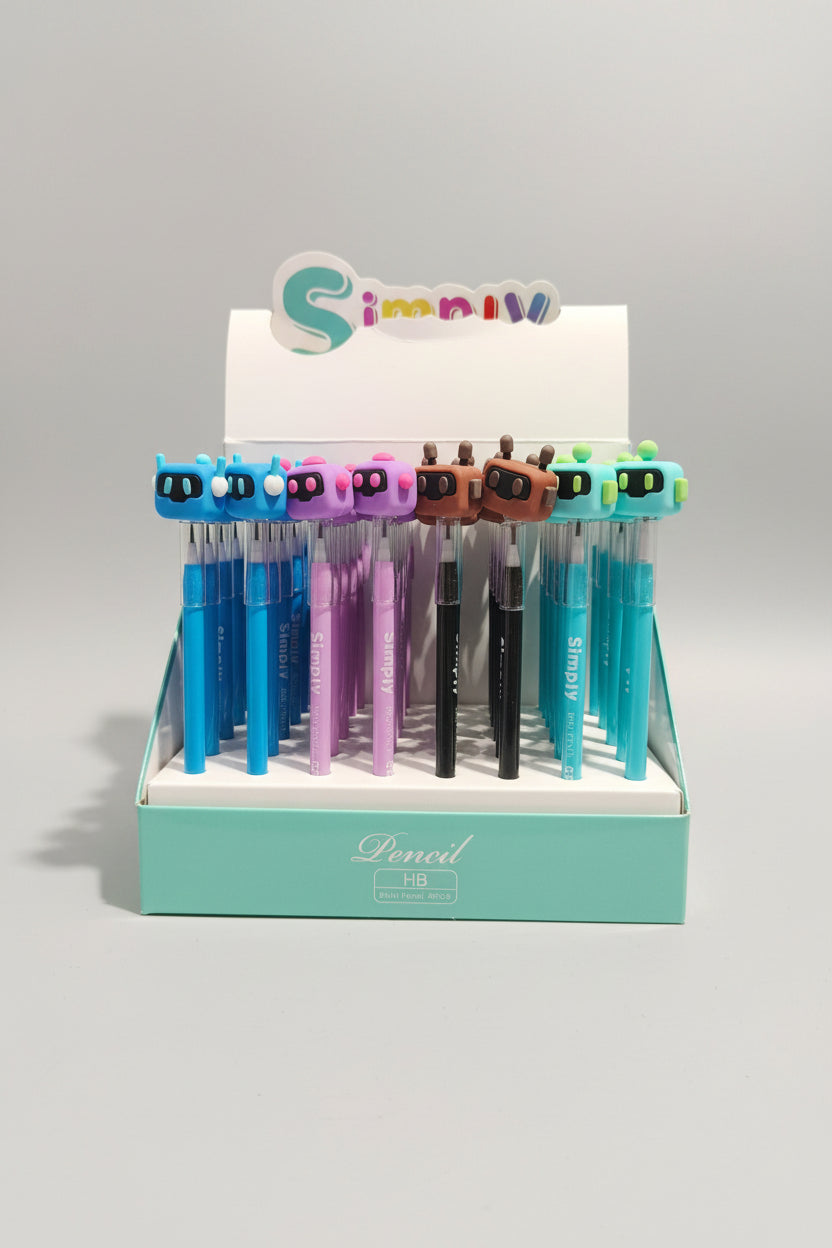 Cute Robot Character Topper Writing Pencils | Pastel Lead Pencils with Cute Robot Figurines