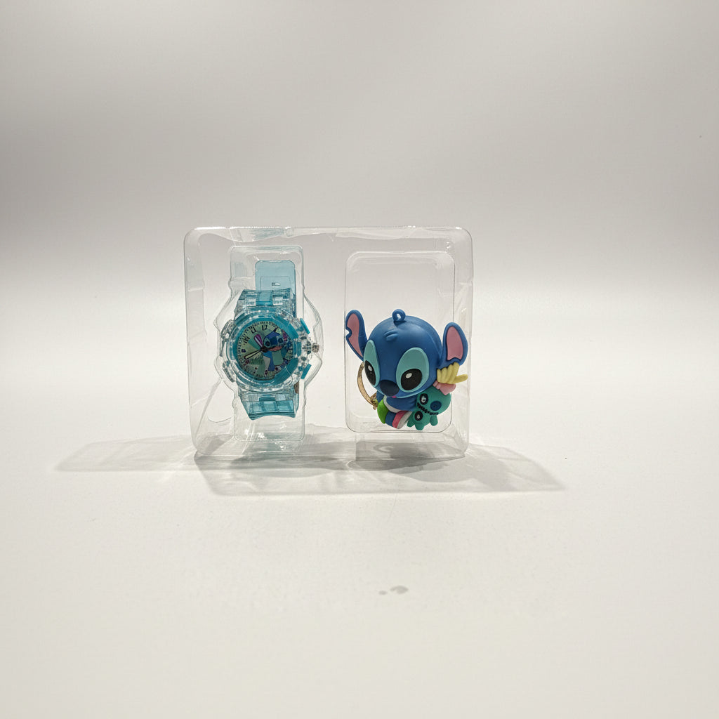 Stitch Watch & 3D Keychain Gift Set | Analog Wrist Watch for Kids