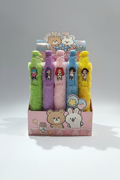 Cute K-Pop Character Plush Fur Pen | Soft Aesthetic Writing Pen for Fans