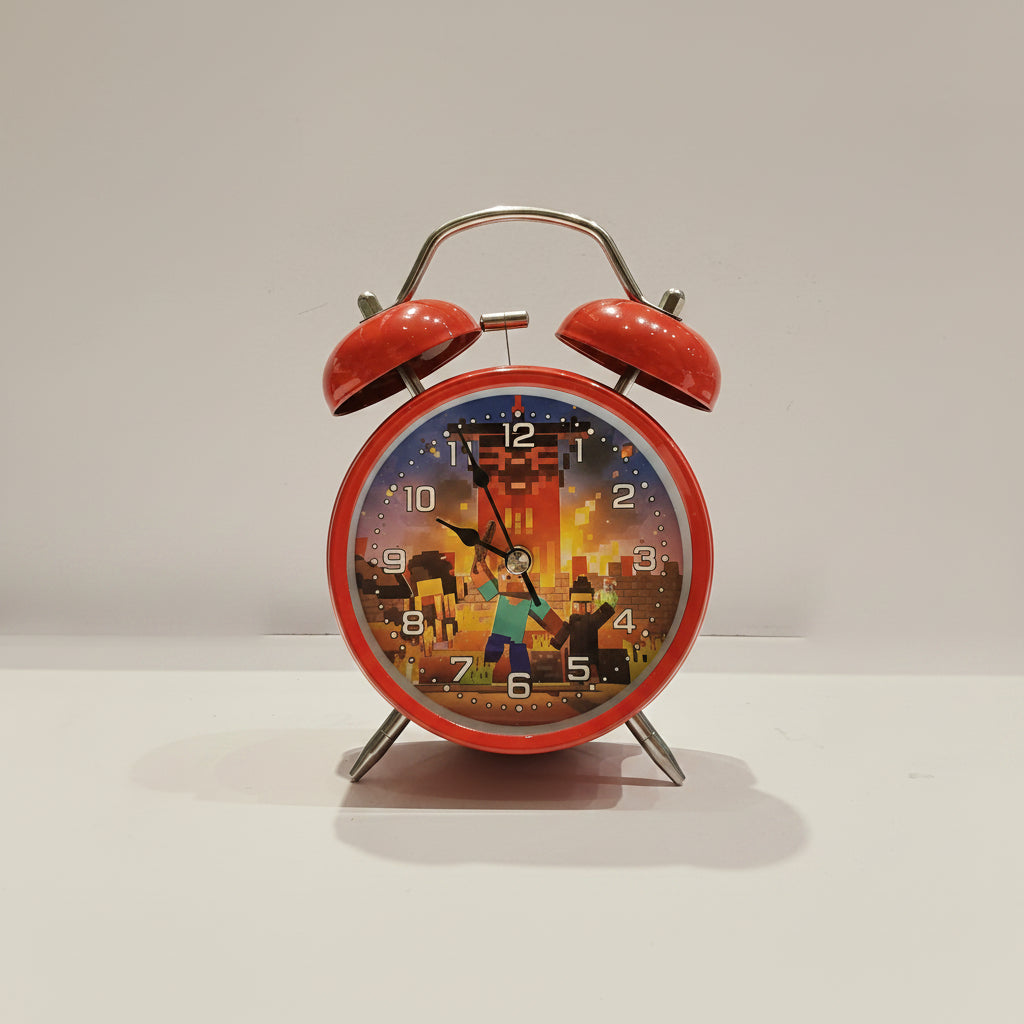 Minecraft Character Twin Bell Alarm Clock | Pixel Gamer Desk & Table Clock for Kids