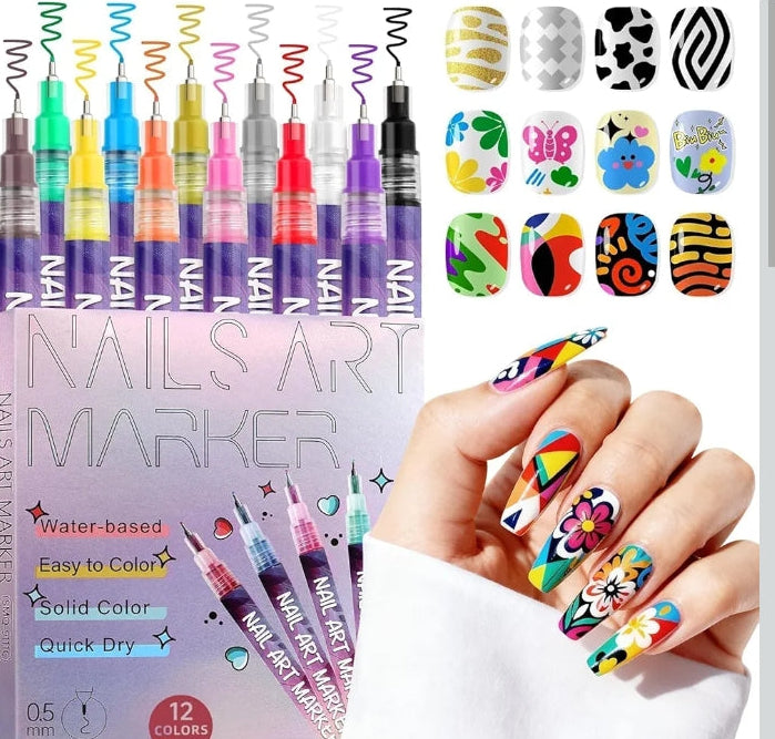 Nail Art Markers | 12 Colors Nail Art Gel Pen Set | 3D DIY Nail Art Liner Pens